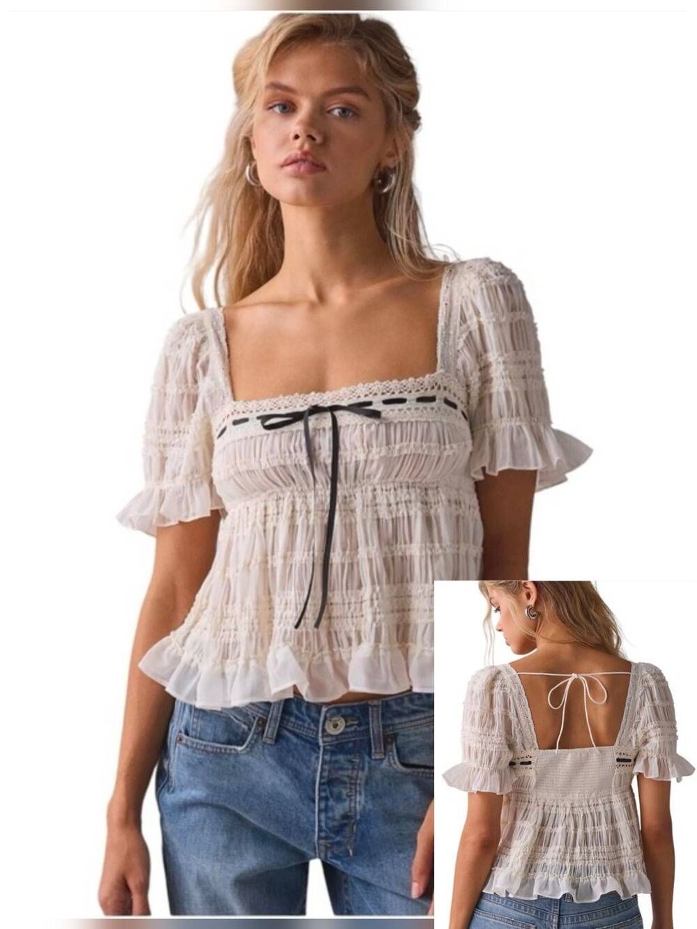 Kimchi Blue Serenade Babydoll Sheer Ruffle  Peasant Blouse Sz. L